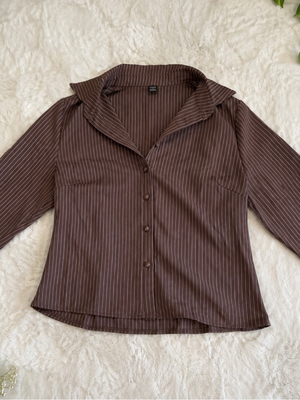 Brown Pinstripe Button-Up Blouse | Y2K Office Siren Top